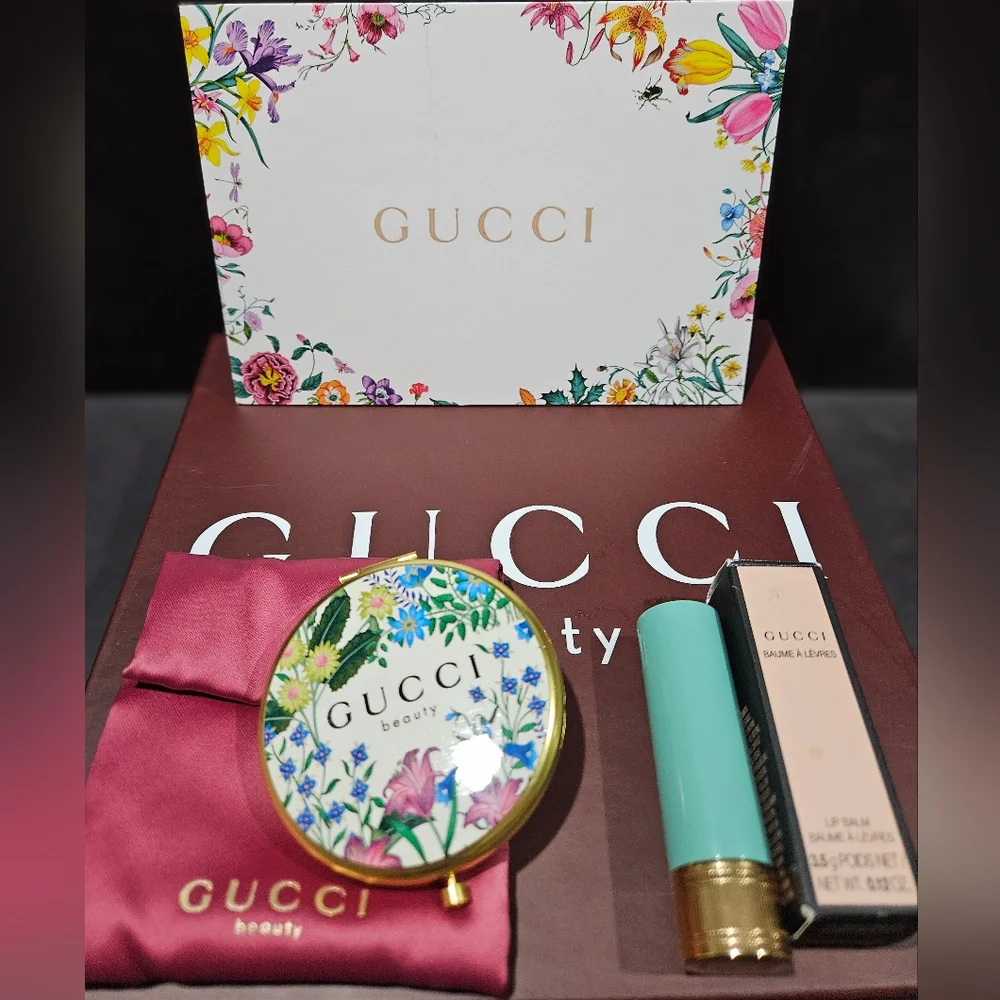 Gucci Beauty Floral Compact Mirror W/Satin Pouch, Gucci Baume à Lèvres Lip Balm - Picture 3 of 5